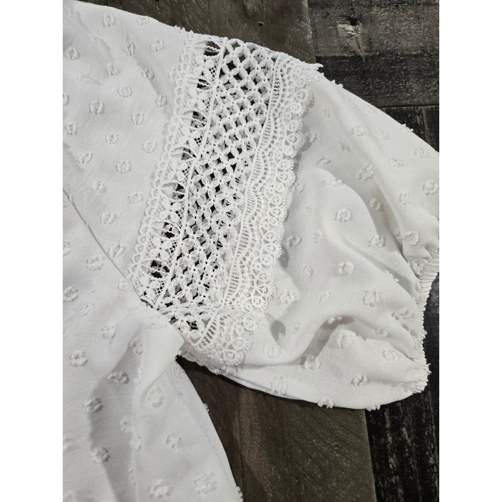 Adrienne Vittadini White Swiss Dot Crochet Lace Keyhole Tie Peasant Blouse Small - Picture 9 of 9